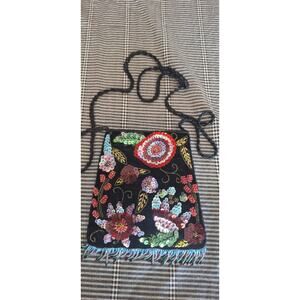 90s crossbody bag- floral bead design handbag w/ strap & fringe beading- nwot